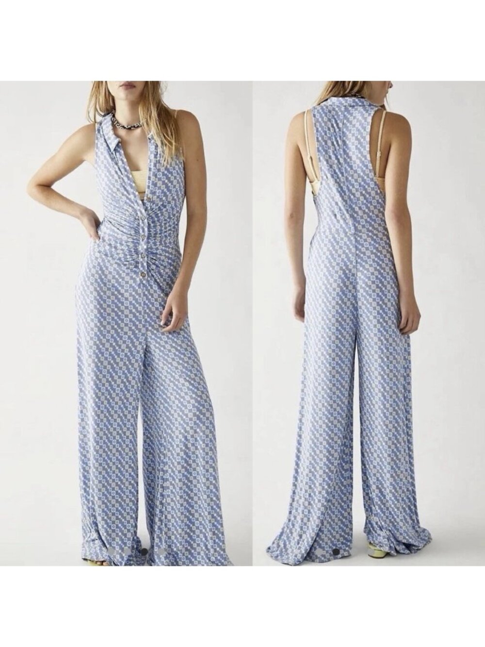 Free People Shayla Blue Halter Jumpsuit Wide Leg Retro 60s 70s Disco Sz Medium